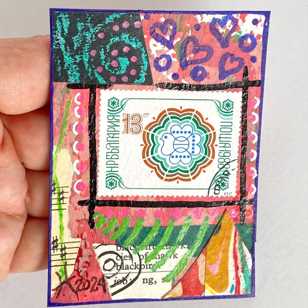 ACEO Original Collage Painting Vintage 80’s International Postage Stamp Art ATC